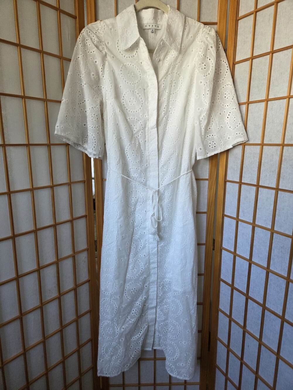 NEW HYFVE WHITE EMBROIDERED COTTON BUTTONS DOWN FIT & FLARE MIDI DRESS SMALL